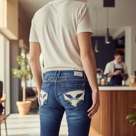 Robin’s Torrent Wing Studded Pocket Vintage Dark Wash Straight Jeans SZ 38/34 - Picture 4 of 11